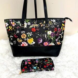 ELIM & PAUL Women's Black Floral Handbag Tote Purse and Wallet